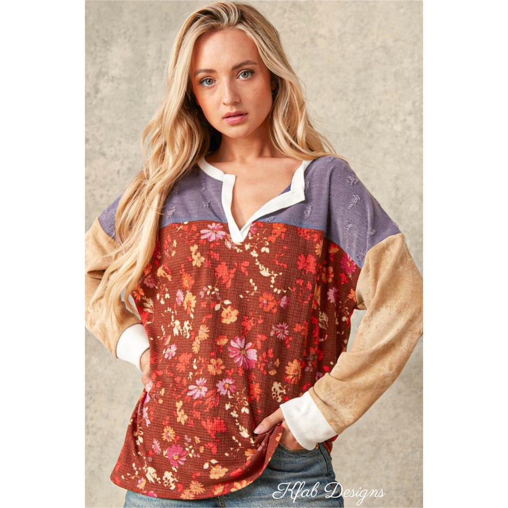 LAST 1! Distressed Floral/Tie Dye Color Block Henley Boho Top! - Picture 6 of 10